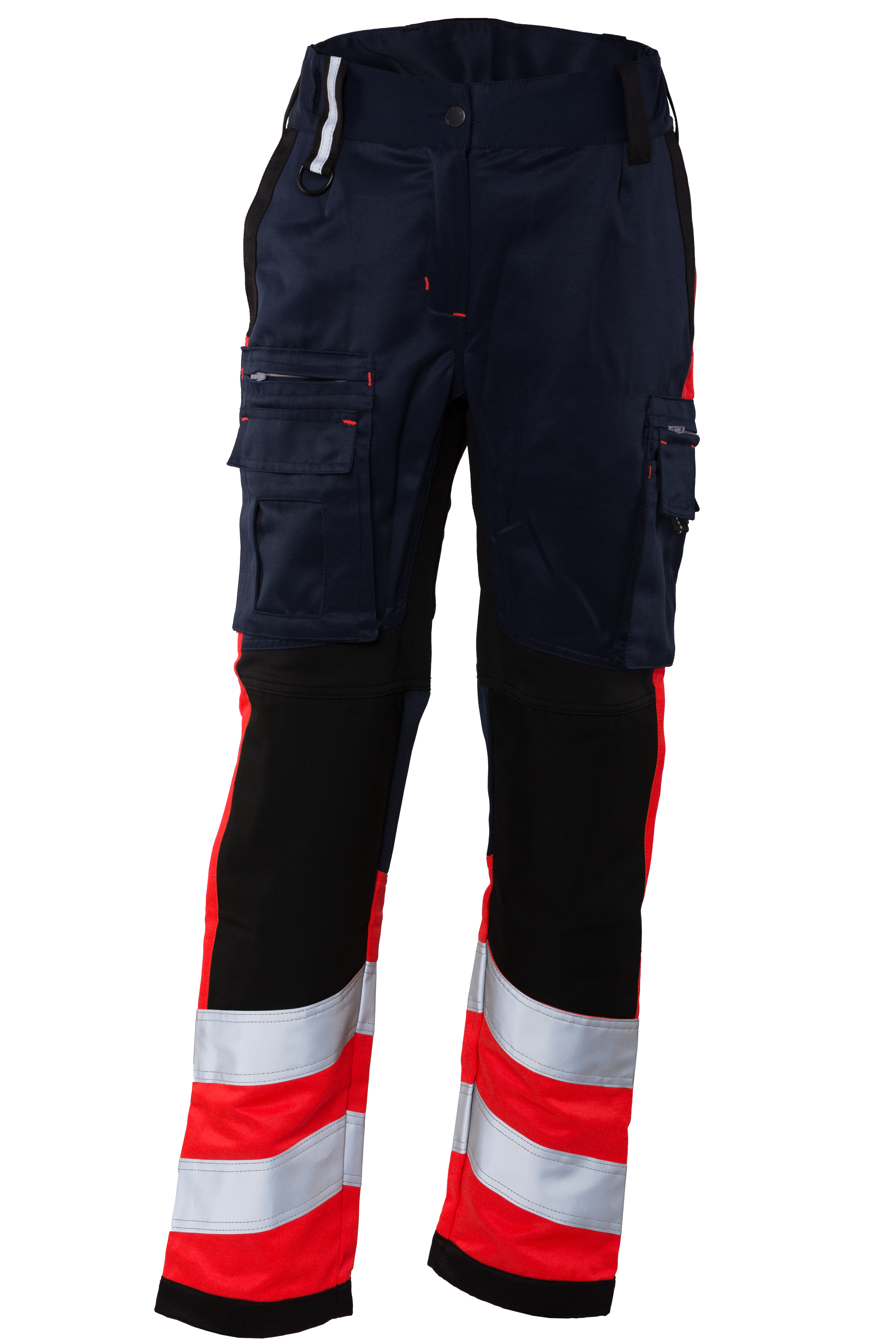 Rescuewear Damen Hose Stretch HiVis Klasse 1 Marineblau / Schwarz / Neon Rot  - 36